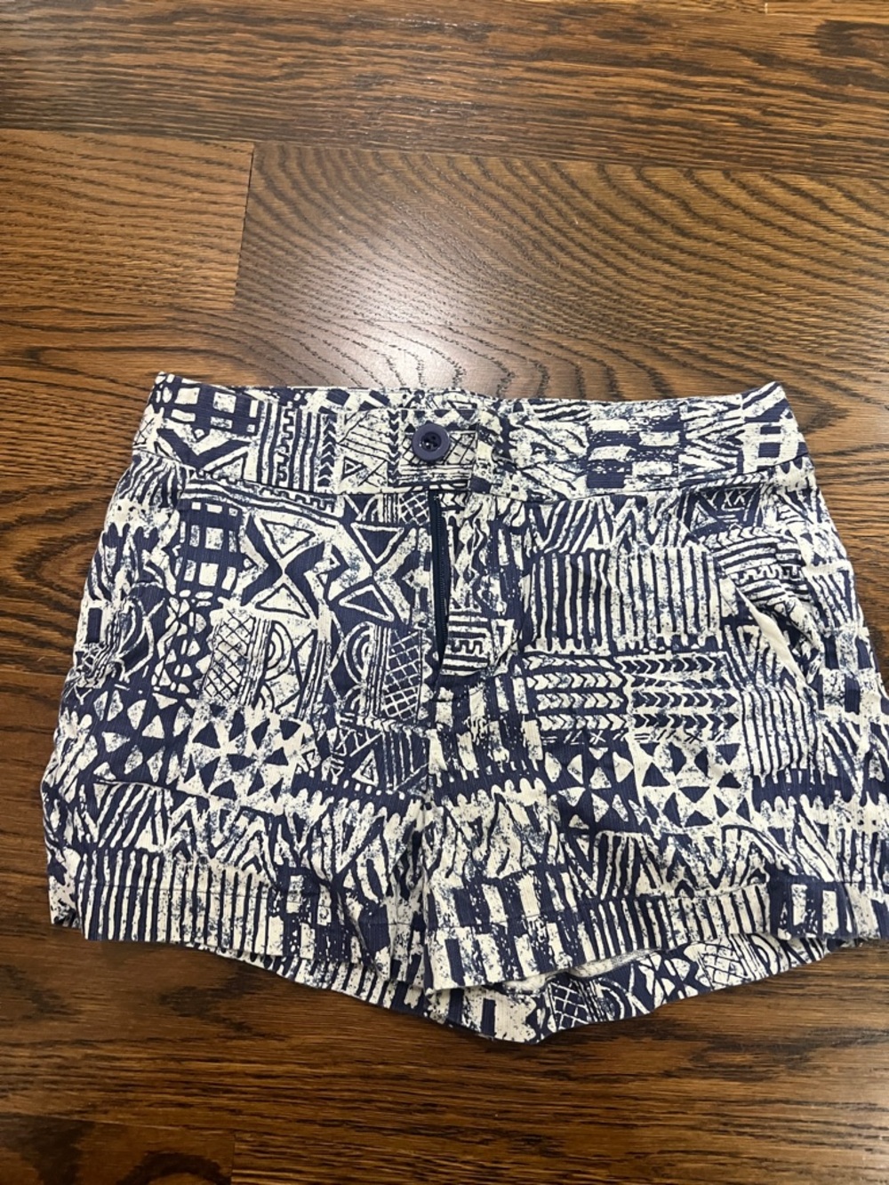 Tori Richard Navy and White Tribal Print High-Waist Shorts